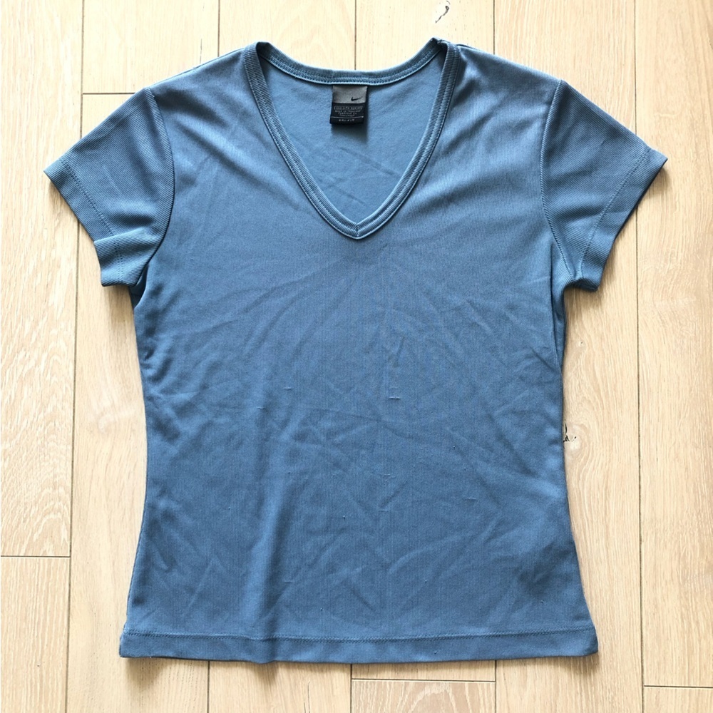 Nike Dri-Fit Logo Embroidered V Neck T Shirt in Grey Blue Size XS